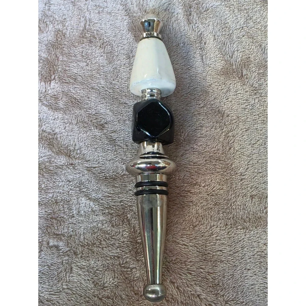 Modern Black and White Geometric Bead Silver Tone Wine Bottle Stopper Barware